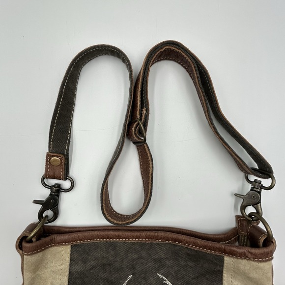 Myra Canvas & Leather Crossbody Upcycled Bag Reindeer Stag Tan Khaki Brown 12x11 - Picture 9 of 14